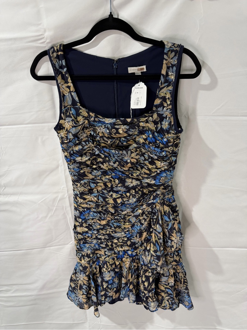 Monique Lhuillier Navy, Beige and Blue Floral Ruched Sleeveless Short Dress